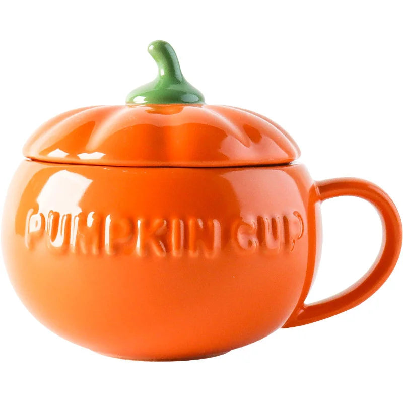 Pumpkin shaped Mug / Cup with Soup Spoon and Lid - Ceramic - 300 ML