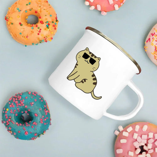 Handle Enamel Cup Cartoon Cat Mug - Coffee/Tea