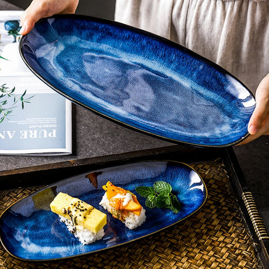 Japanese Style Kiln Cat Tye Blue Fish Plate - Serving Platter