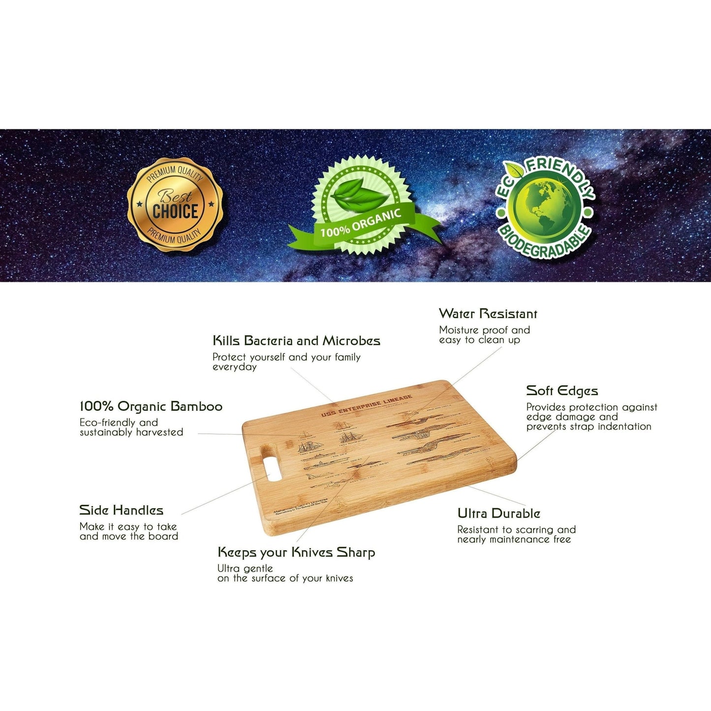 Bamboo USS Enterprise Lineage Laser Engraved Cutting board