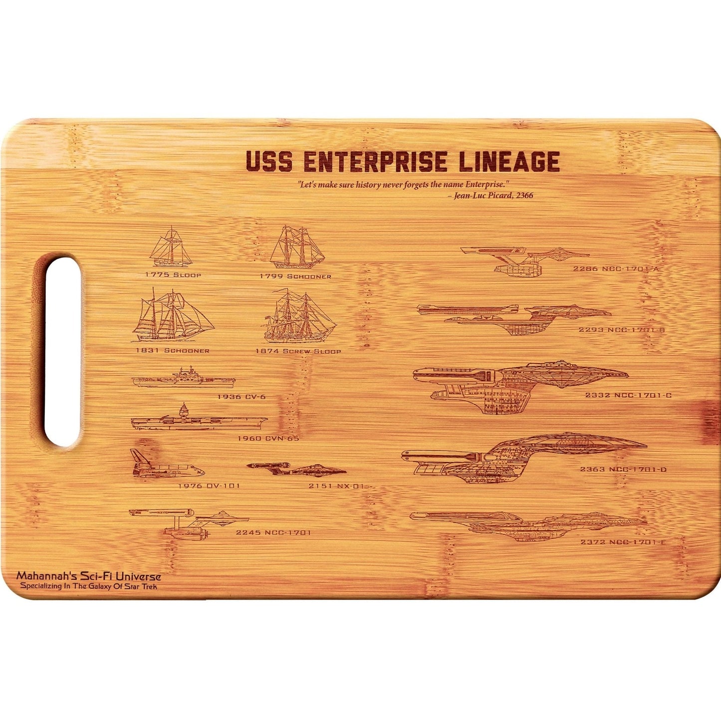 Bamboo USS Enterprise Lineage Laser Engraved Cutting board