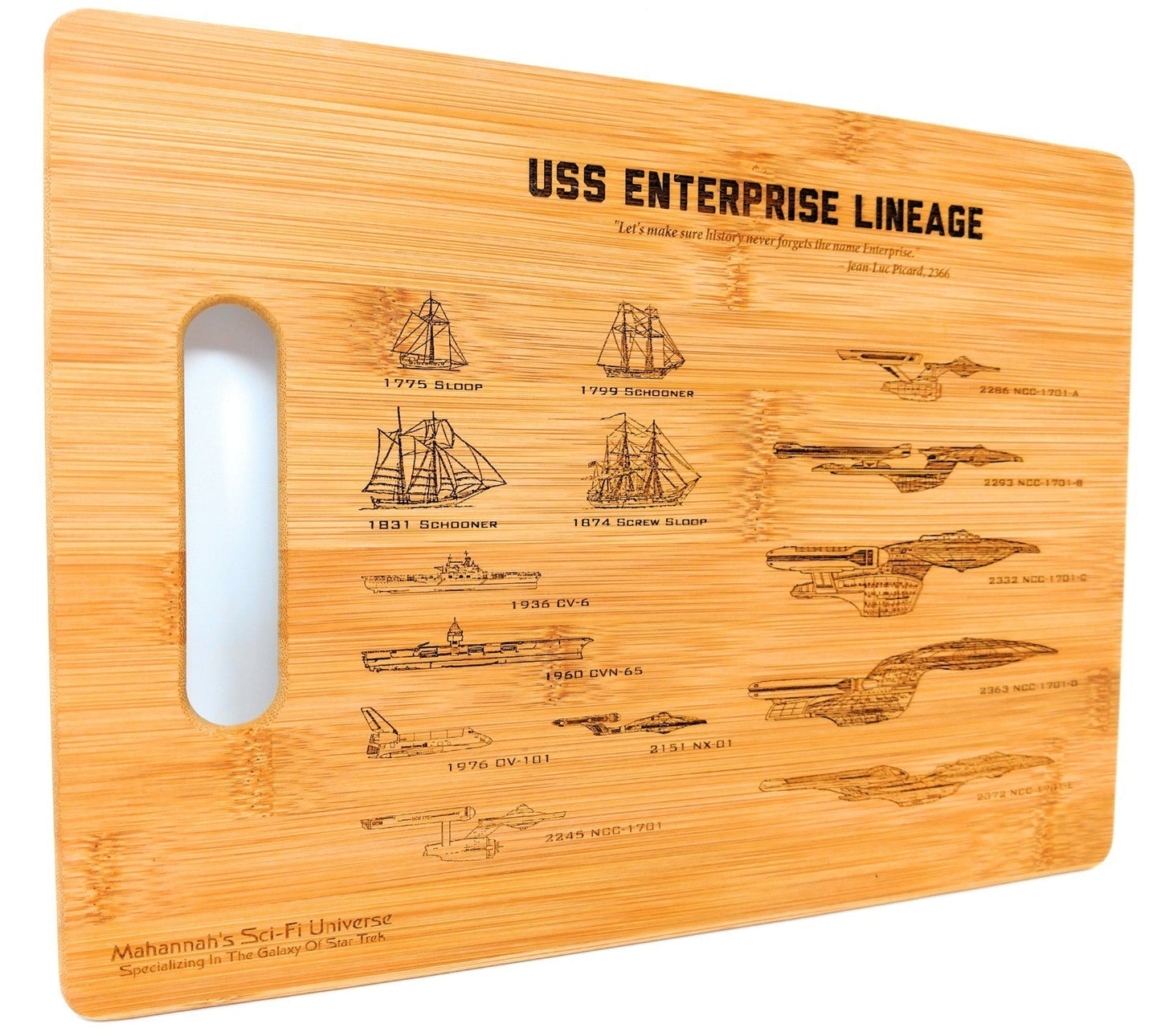 Bamboo USS Enterprise Lineage Laser Engraved Cutting board