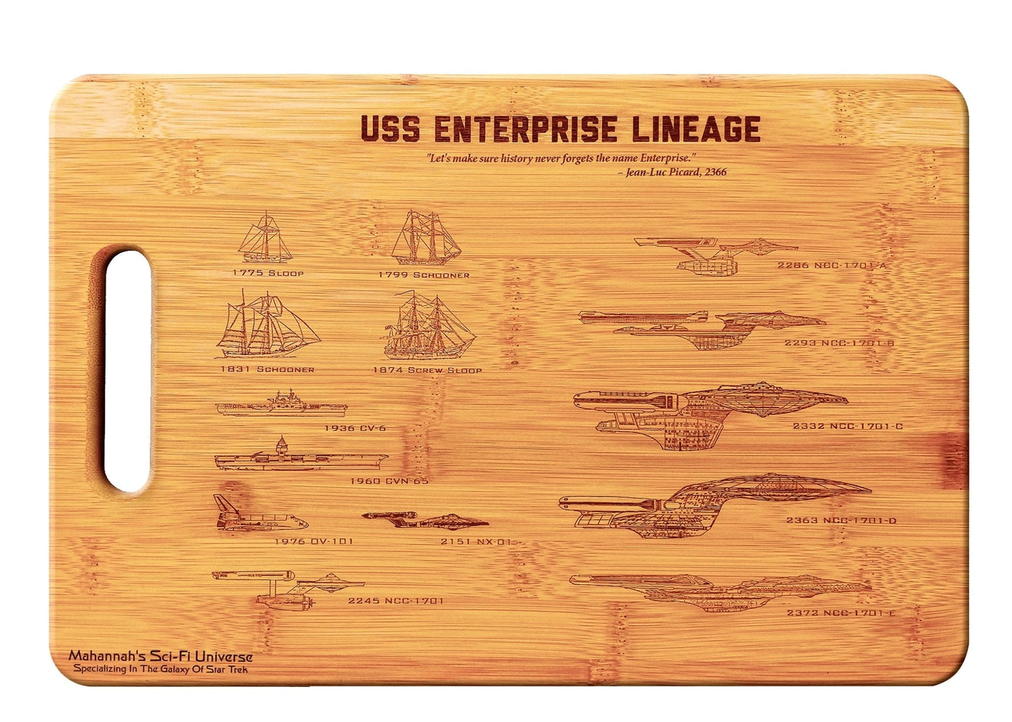 Bamboo USS Enterprise Lineage Laser Engraved Cutting board