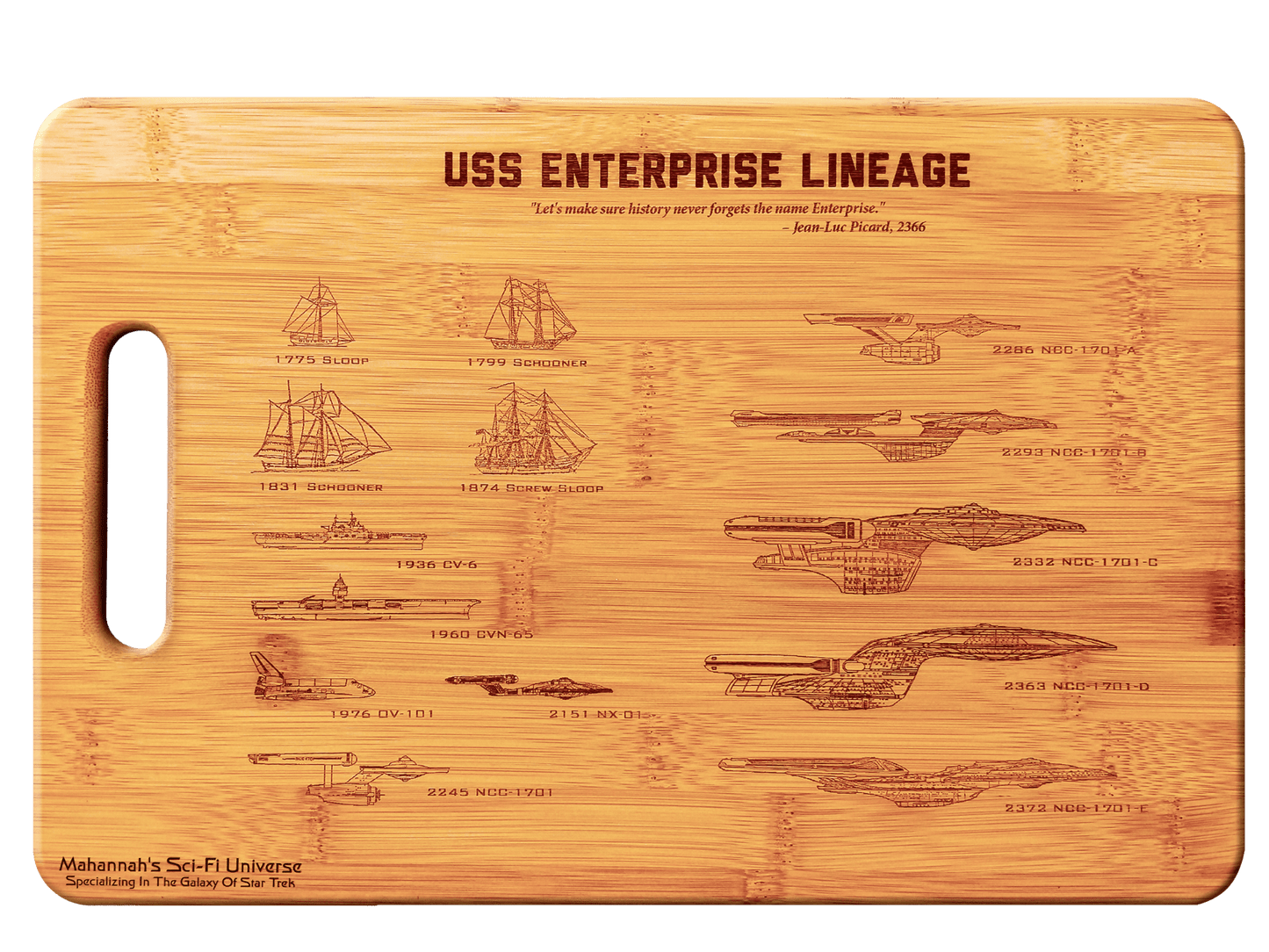 Bamboo USS Enterprise Lineage Laser Engraved Cutting board