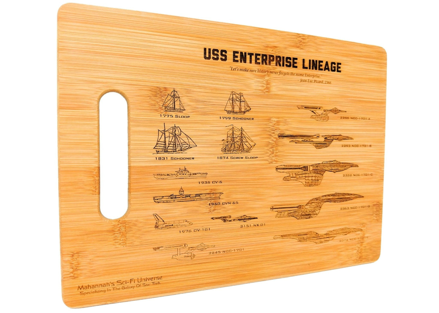 Bamboo USS Enterprise Lineage Laser Engraved Cutting board