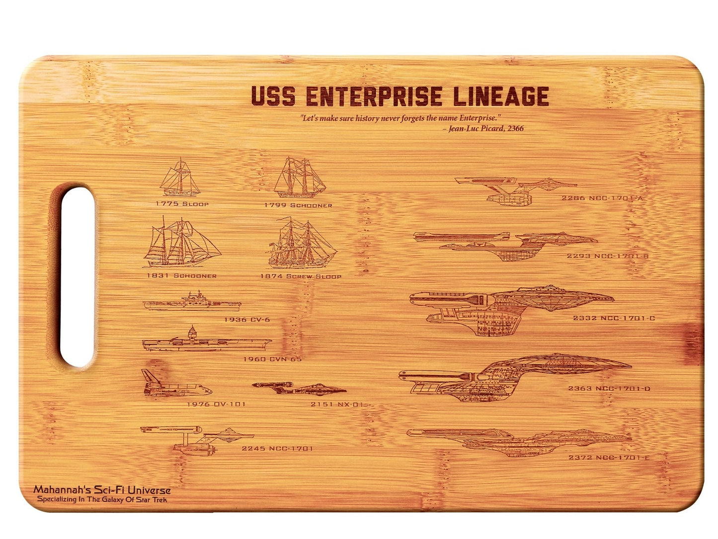 Bamboo USS Enterprise Lineage Laser Engraved Cutting board