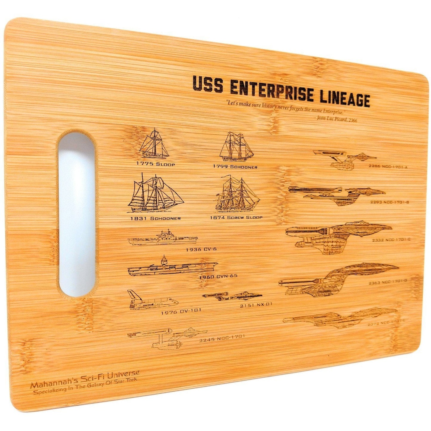 Bamboo USS Enterprise Lineage Laser Engraved Cutting board