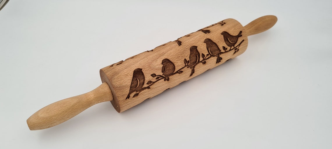 Natural Wood Folk Kitchen Rolling Pin Handmade - Birds