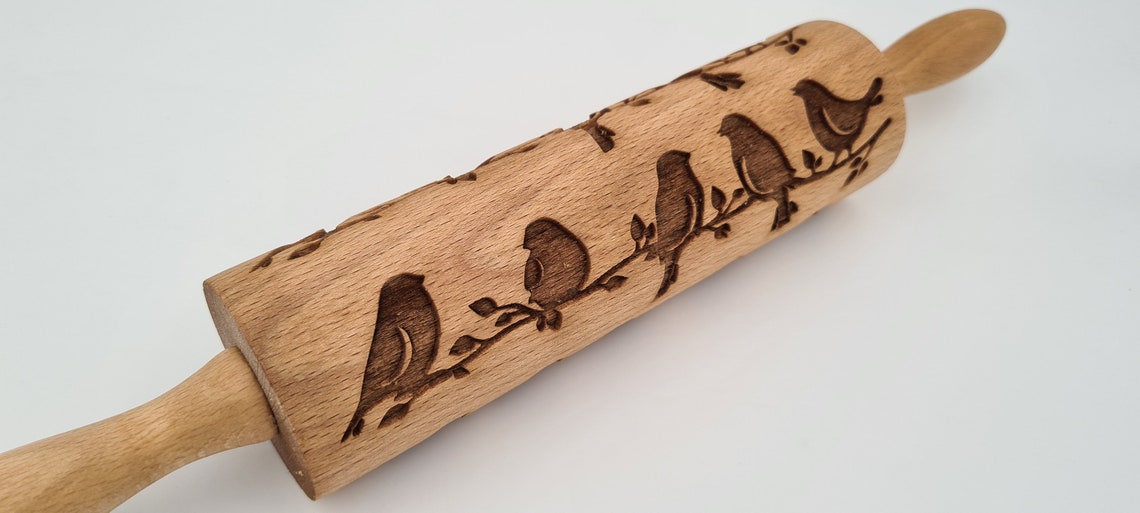 Natural Wood Folk Kitchen Rolling Pin Handmade - Birds