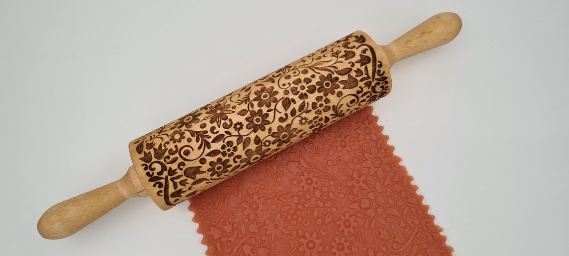 Natural Wood Folk Kitchen Rolling Pin Handmade - Flower