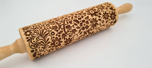 Natural Wood Folk Kitchen Rolling Pin Handmade - Flower