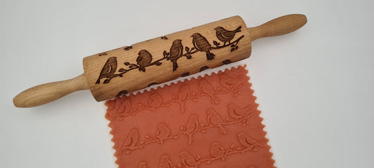 Natural Wood Folk Kitchen Rolling Pin Handmade - Birds