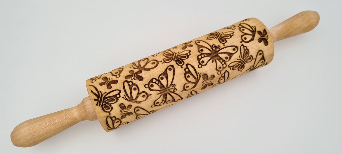 Natural Wood Folk Kitchen Rolling Pin Handmade - Butterflies