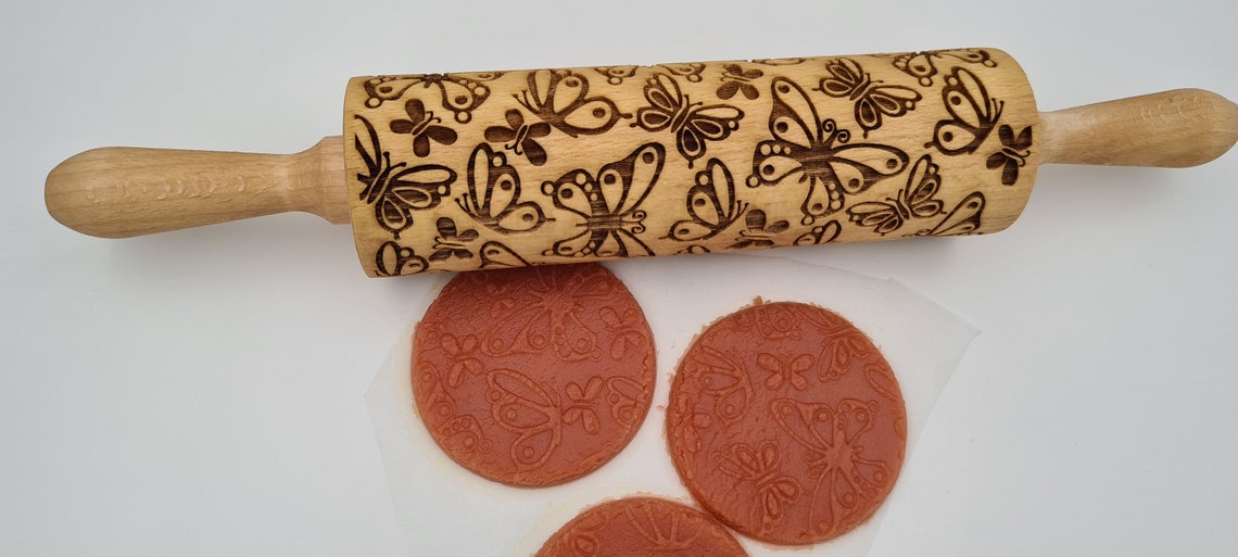 Natural Wood Folk Kitchen Rolling Pin Handmade - Butterflies