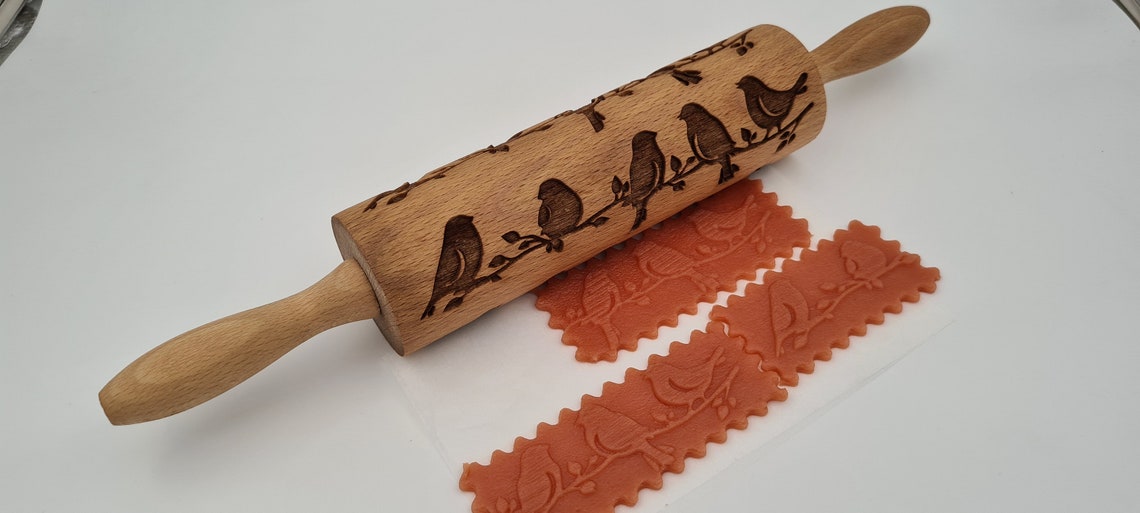 Natural Wood Folk Kitchen Rolling Pin Handmade - Birds