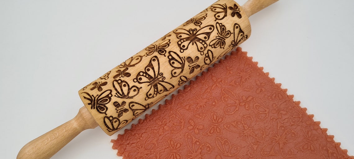 Natural Wood Folk Kitchen Rolling Pin Handmade - Butterflies