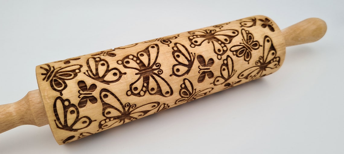 Natural Wood Folk Kitchen Rolling Pin Handmade - Butterflies