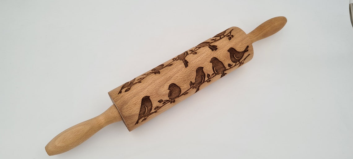 Natural Wood Folk Kitchen Rolling Pin Handmade - Birds