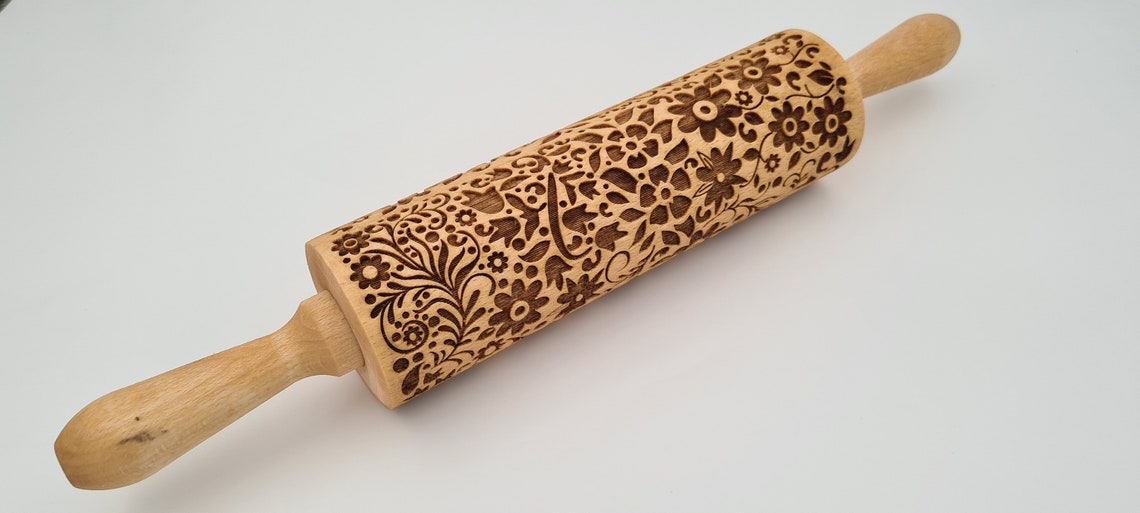 Natural Wood Folk Kitchen Rolling Pin Handmade - Flower