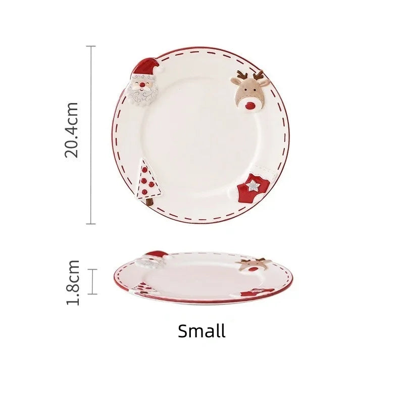 1Pc Christmas Ceramic Dish Creative Santa Claus Relief Round Plate Western dinner plate Cake Dessert Dish Christmas tableware