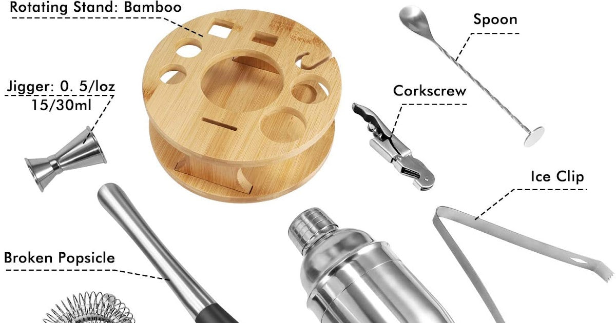 Cocktail Shaker Set - Bartender Kit with Rotating Bamboo