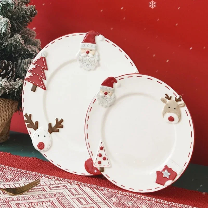 1Pc Christmas Ceramic Dish Creative Santa Claus Relief Round Plate Western dinner plate Cake Dessert Dish Christmas tableware